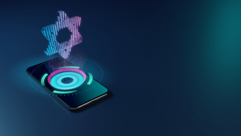 3D rendering smartphone with display emitting neon violet pink blue holographic symbol of star of David icon on dark background with blurred reflection