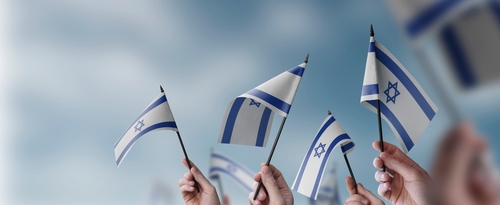 Hands holding Israeli flags