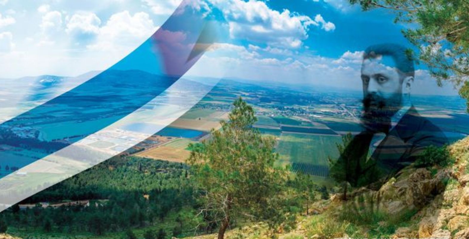 The figure of Herzl against a landscape of the Land of Israel